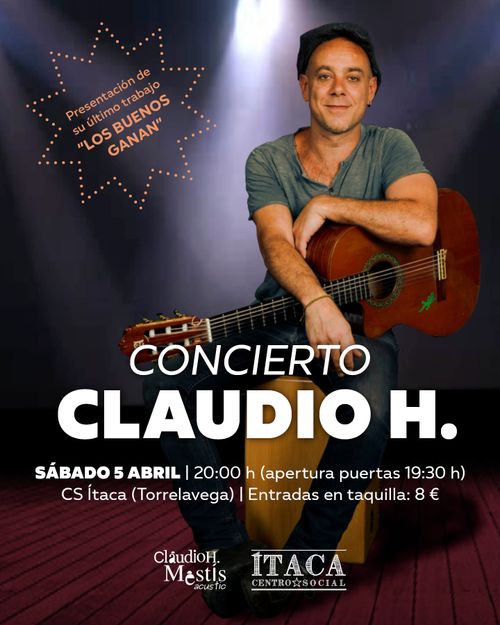 Poster del concierto de Claudio H. en el Centro Social Ítaca. Aparece sentado sobre una caja de ritmos, con la guitarra cruzada sobre las piernas. 